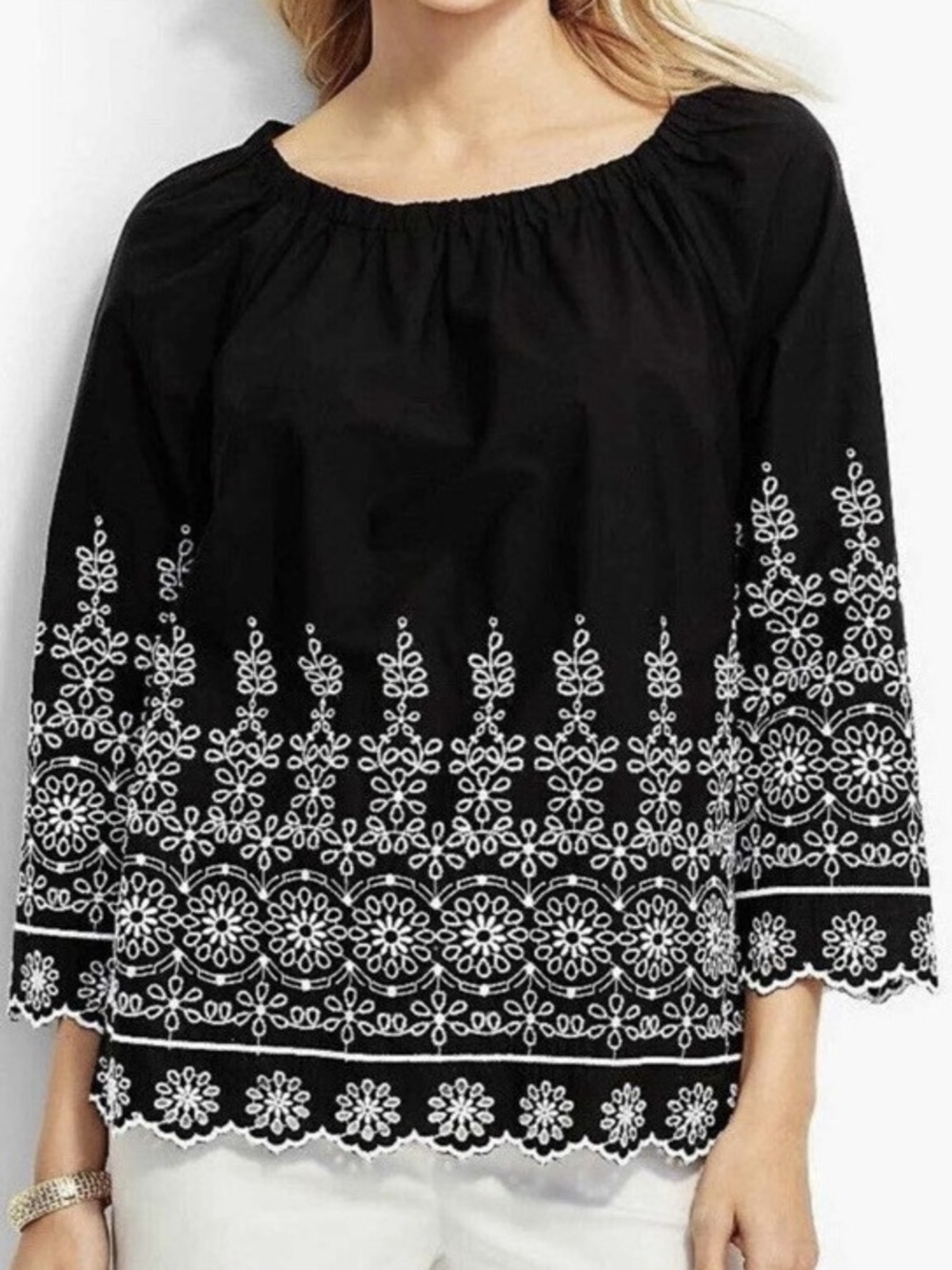 Talbots Size S 100% Cotton Black Peasant Top White Floral Embroidery